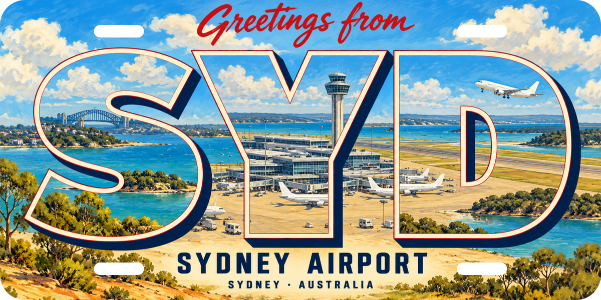 シドニー空港 SYD 地域モチーフを組み合わせた架空の景観の絵葉書風ご当地プレート 完成イメージ