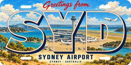 シドニー空港 SYD 地域モチーフを組み合わせた架空の景観の絵葉書風ご当地プレート 完成イメージ