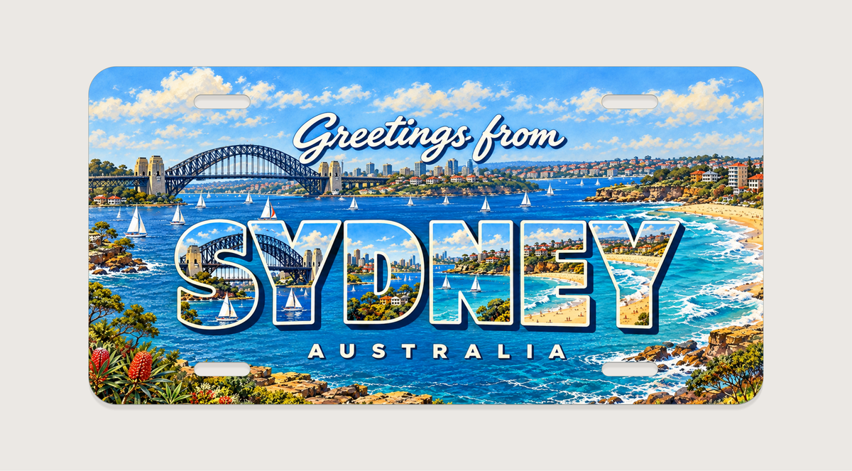 シドニー SYDNEY アーチ橋、ヨットが浮かぶ港、海沿いの街並み、砂浜と青い波を文字内に描いたご当地プレート 完成イメージ