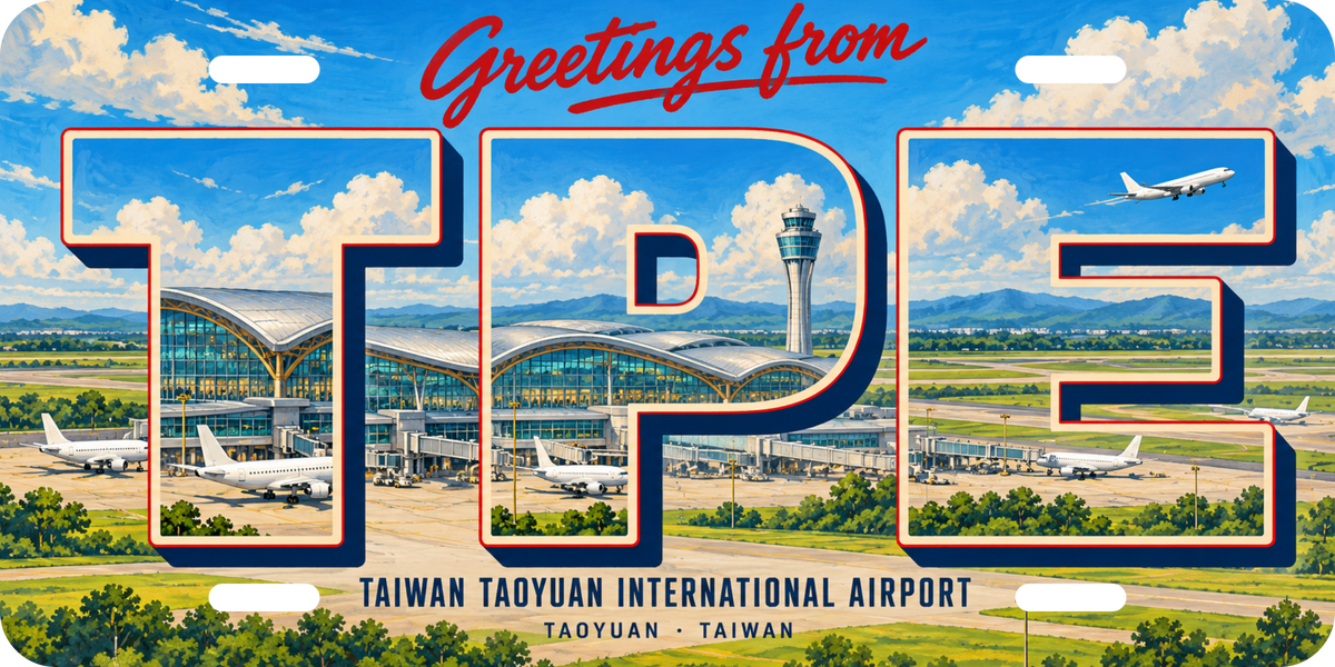 台湾桃園国際空港 TPE 地域モチーフを組み合わせた架空の景観の絵葉書風ご当地プレート 完成イメージ