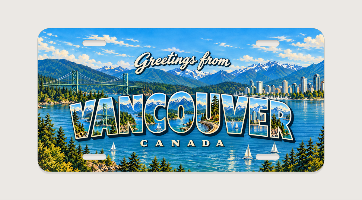バンクーバー VANCOUVER 緑の吊り橋、山並み、森、入り江、海沿いの街を文字内に描いたご当地プレート 完成イメージ