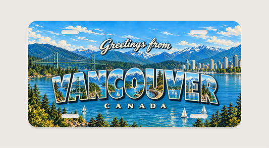 バンクーバー VANCOUVER 緑の吊り橋、山並み、森、入り江、海沿いの街を文字内に描いたご当地プレート 完成イメージ
