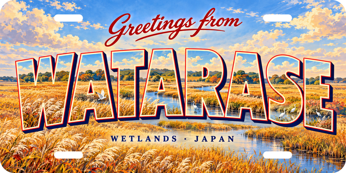 渡良瀬遊水地 WATARASE 地域モチーフを組み合わせた架空の景観の絵葉書風ご当地プレート 完成イメージ
