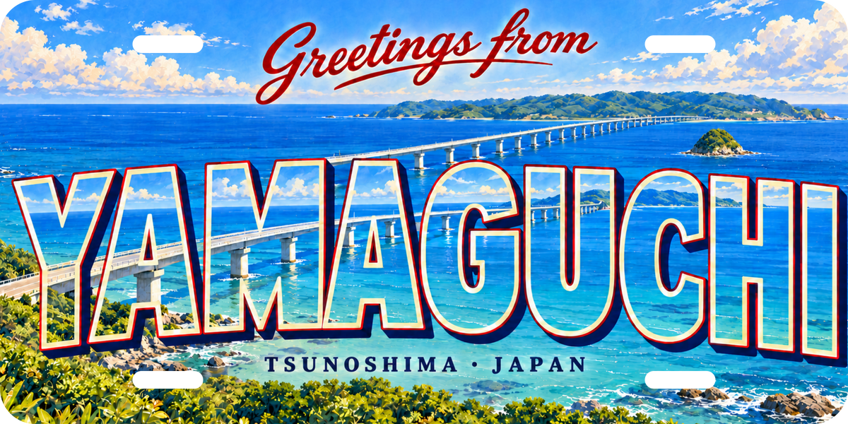 山口 YAMAGUCHI 角島大橋をモチーフにした架空の景観の絵葉書風都道府県プレート 完成イメージ
