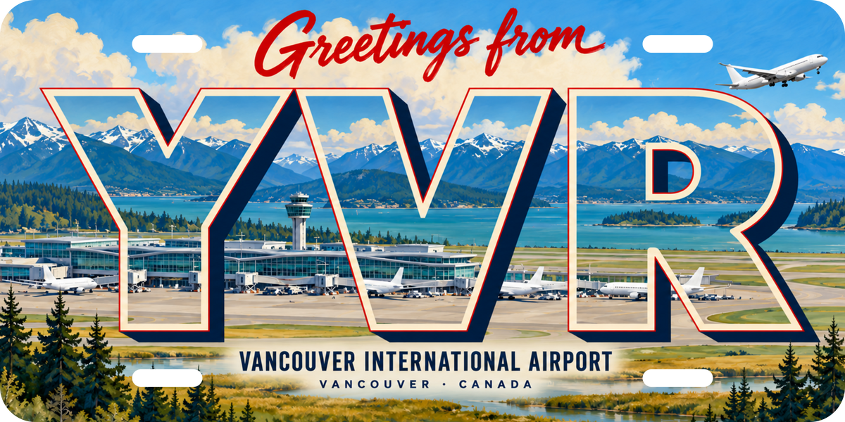 バンクーバー国際空港 YVR 地域モチーフを組み合わせた架空の景観の絵葉書風ご当地プレート 完成イメージ
