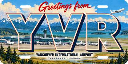 バンクーバー国際空港 YVR 地域モチーフを組み合わせた架空の景観の絵葉書風ご当地プレート 完成イメージ