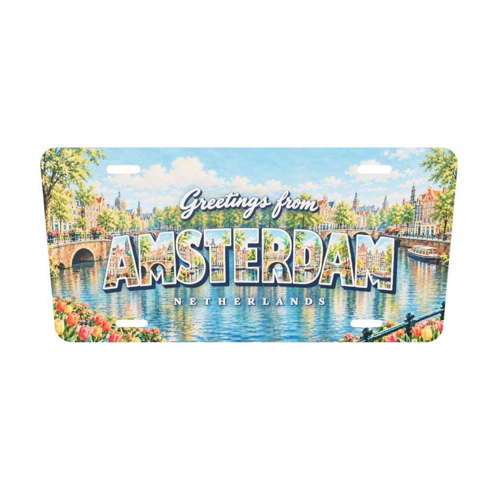 アムステルダム AMSTERDAM 文字内に運河と街並みを描いたアルミプレートの実寸3Dモデル。横304.8×縦152.4 mm、厚さ0.64 mm、長穴4か所。