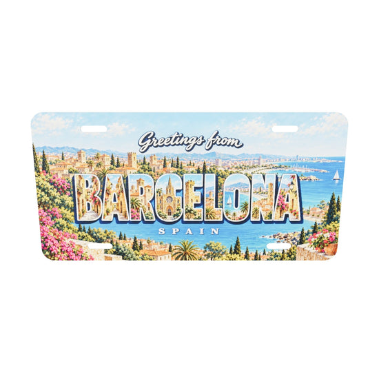 バルセロナ BARCELONA 文字内に街並みと海の風景を描いたアルミプレートの実寸3Dモデル。横304.8×縦152.4 mm、厚さ0.64 mm、長穴4か所。