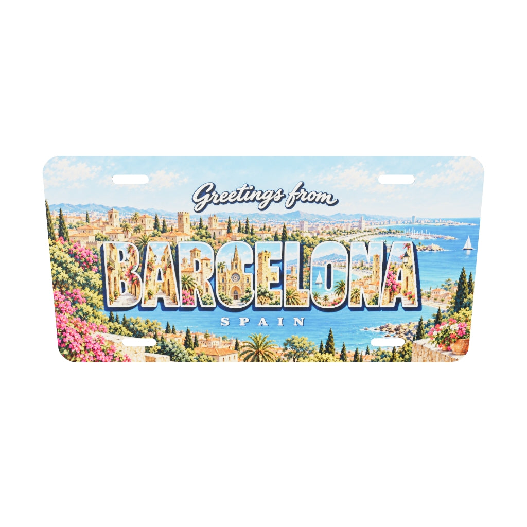 バルセロナ BARCELONA 文字内に街並みと海の風景を描いたアルミプレートの実寸3Dモデル。横304.8×縦152.4 mm、厚さ0.64 mm、長穴4か所。