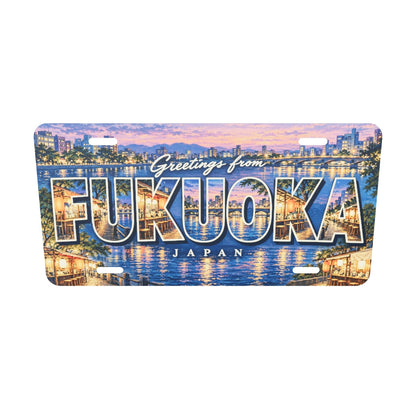 福岡 FUKUOKA 屋台、川、夜の灯りを文字内に描いたご当地プレート 実寸3Dモデル。横304.8×縦152.4 mm、丸角、長穴4か所。