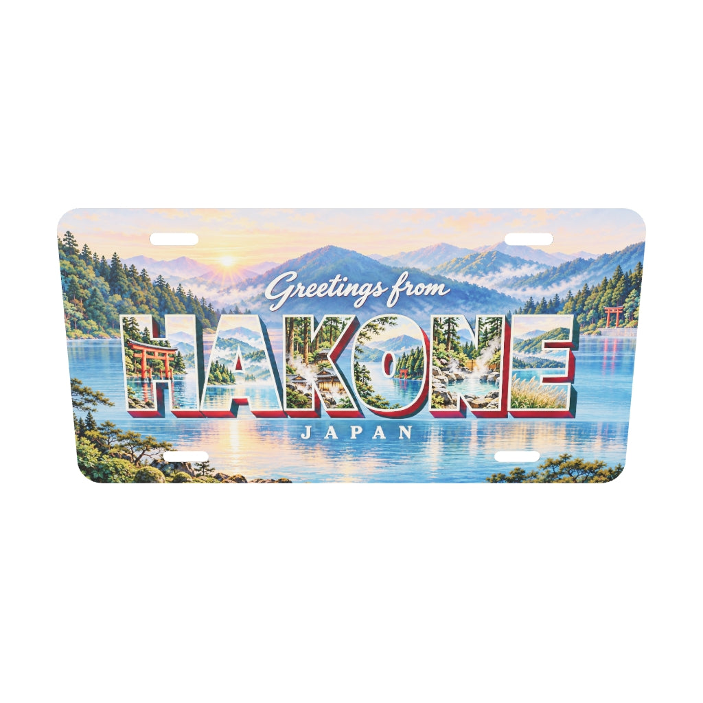 箱根 HAKONE 湖の鳥居、山々、湯けむりを文字内に描いたご当地プレート 実寸3Dモデル。横304.8×縦152.4 mm、丸角、長穴4か所。