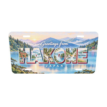 箱根 HAKONE 湖の鳥居、山々、湯けむりを文字内に描いたご当地プレート 実寸3Dモデル。横304.8×縦152.4 mm、丸角、長穴4か所。