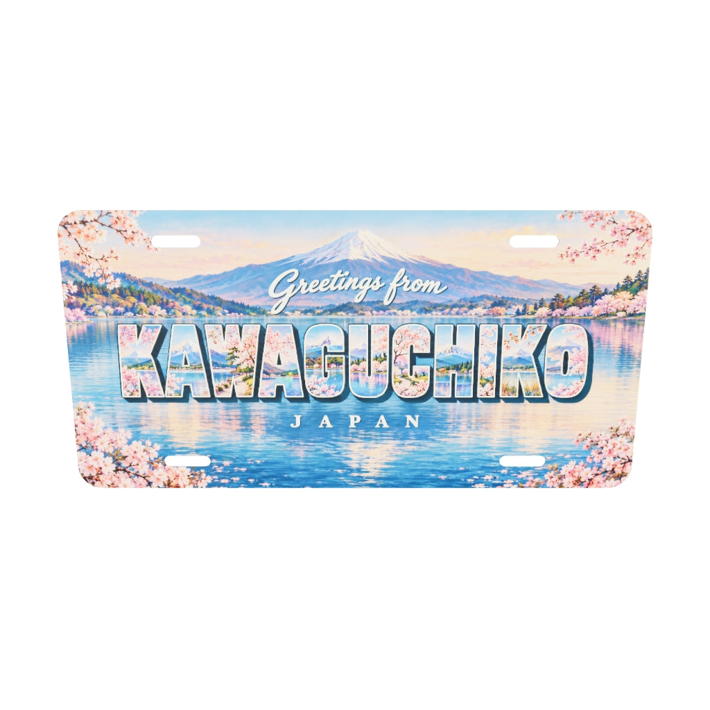 河口湖 KAWAGUCHIKO 富士山、湖、桜を文字内に描いたご当地プレート 実寸3Dモデル。横304.8×縦152.4 mm、丸角、長穴4か所。