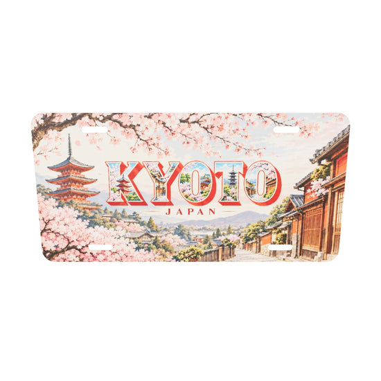KYOTOの文字内にも京都の風景を描いたアルミプレートの実寸3Dモデル。横304.8×縦152.4 mm、丸角、長穴4か所。
