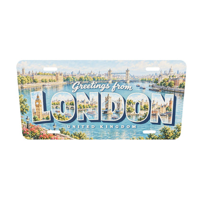 ロンドン LONDON 文字内に時計塔と橋の風景を描いたアルミプレートの実寸3Dモデル。横304.8×縦152.4 mm、厚さ0.64 mm、長穴4か所。