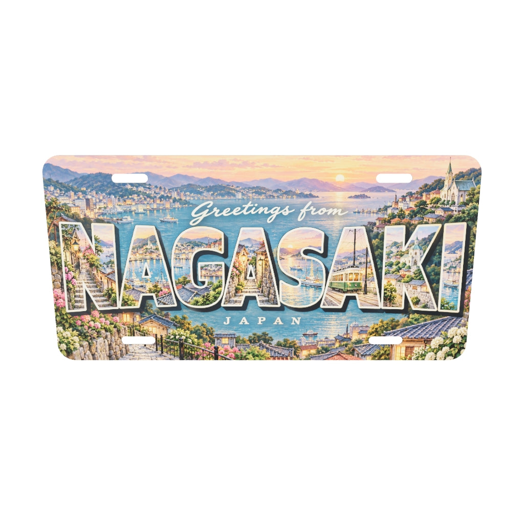 長崎 NAGASAKI 坂道、路面電車、港を文字内に描いたご当地プレート 実寸3Dモデル。横304.8×縦152.4 mm、丸角、長穴4か所。