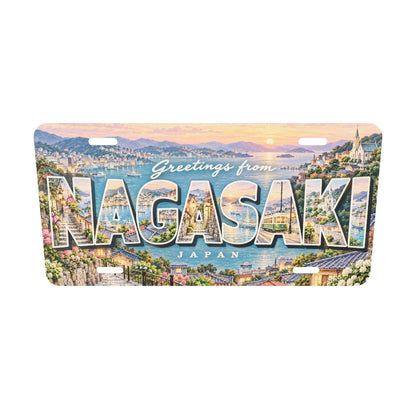 長崎 NAGASAKI 坂道、路面電車、港を文字内に描いたご当地プレート 実寸3Dモデル。横304.8×縦152.4 mm、丸角、長穴4か所。