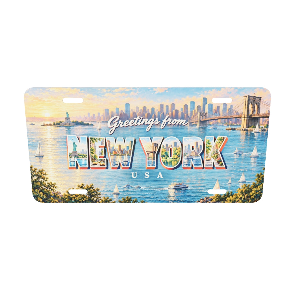 ニューヨーク NEW YORK 自由の女神、港、橋、公園、黄色いタクシーを文字内に描いたご当地プレート 実寸3Dモデル。横304.8×縦152.4 mm、丸角、長穴4か所。