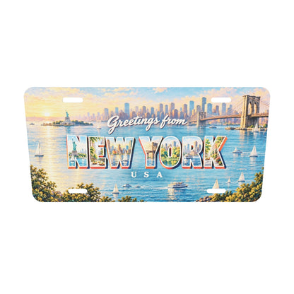 ニューヨーク NEW YORK 自由の女神、港、橋、公園、黄色いタクシーを文字内に描いたご当地プレート 実寸3Dモデル。横304.8×縦152.4 mm、丸角、長穴4か所。