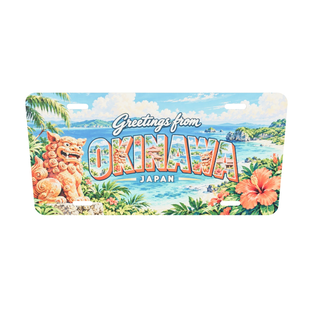 OKINAWAの文字内にも沖縄の風景を描いたアルミプレートの実寸3Dモデル。横304.8×縦152.4 mm、丸角、長穴4か所。