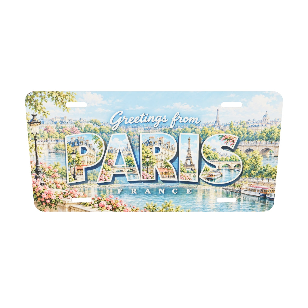 パリ PARIS 文字内に塔と街並みの風景を描いたアルミプレートの実寸3Dモデル。横304.8×縦152.4 mm、厚さ0.64 mm、長穴4か所。