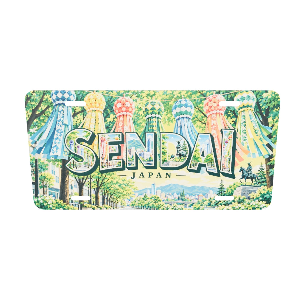 SENDAIの文字内にも仙台の風景を描いたアルミプレートの実寸3Dモデル。横304.8×縦152.4 mm、丸角、長穴4か所。
