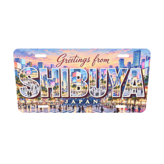 渋谷SHIBUYAの文字内に地域の風景を描いたアルミプレートの実寸3Dモデル。横304.8×縦152.4 mm、丸角、長穴4か所。