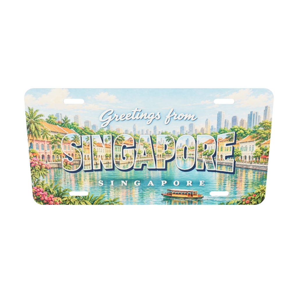 シンガポール SINGAPORE 文字内に街並みと熱帯の風景を描いたアルミプレートの実寸3Dモデル。横304.8×縦152.4 mm、厚さ0.64 mm、長穴4か所。