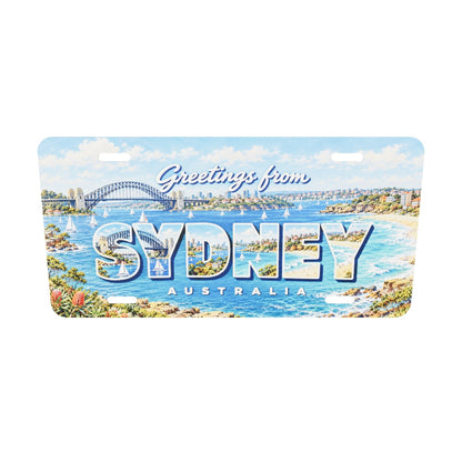 シドニー SYDNEY 文字内に港と海辺の風景を描いたアルミプレートの実寸3Dモデル。横304.8×縦152.4 mm、厚さ0.64 mm、長穴4か所。