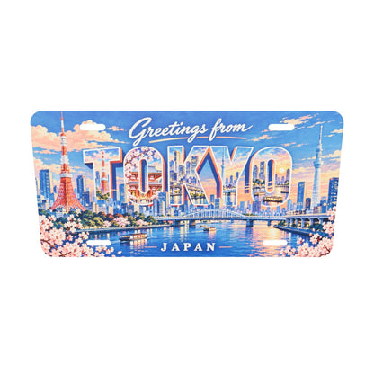 TOKYOの文字内にも東京の風景を描いたアルミプレートの実寸3Dモデル。横304.8×縦152.4 mm、丸角、長穴4か所。