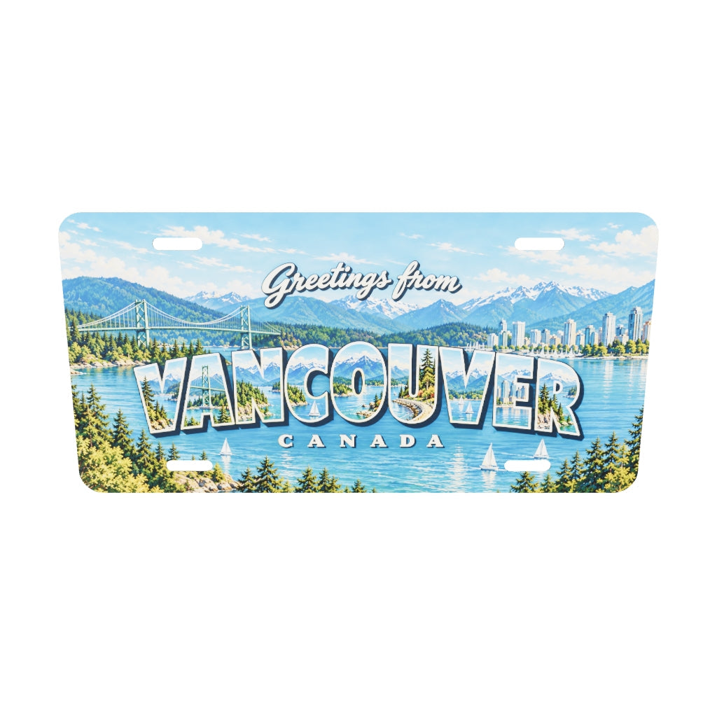 バンクーバー VANCOUVER 文字内に山と海の風景を描いたアルミプレートの実寸3Dモデル。横304.8×縦152.4 mm、厚さ0.64 mm、長穴4か所。