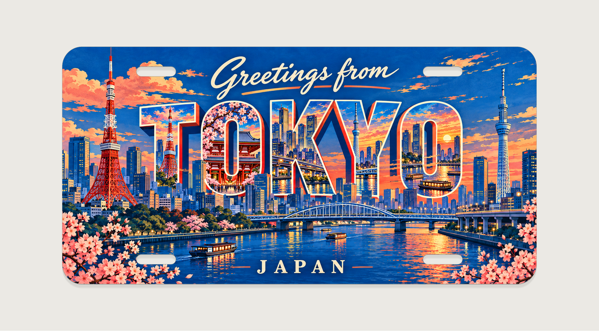 TOKYOの文字内にも東京の街並みとランドマークを描いたご当地アルミプレート。横304.8×縦152.4 mm、丸角と4つの長穴。