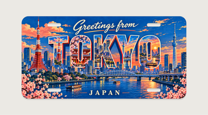TOKYOの文字内にも東京の街並みとランドマークを描いたご当地アルミプレート。横304.8×縦152.4 mm、丸角と4つの長穴。