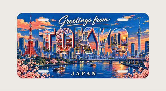 TOKYOの文字内にも東京の街並みとランドマークを描いたご当地アルミプレート。横304.8×縦152.4 mm、丸角と4つの長穴。