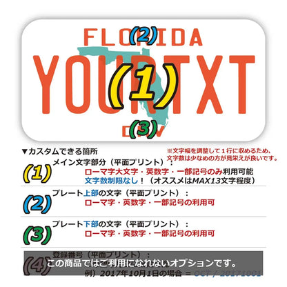 【ステッカー】フロリダ1980's/オリジナルアメリカナンバープレート型・耐水・耐候・屋外OK PL8HERO