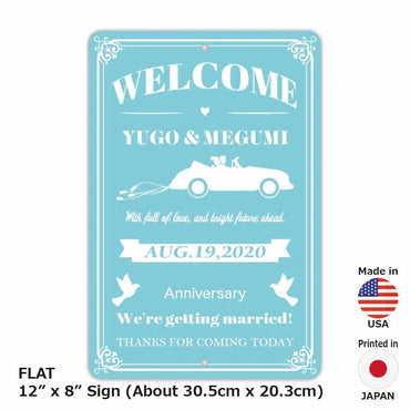 [Rectangular signboard] Wedding welcome board, car, turquoise / American-made original signboard (approx. 20x30cm)